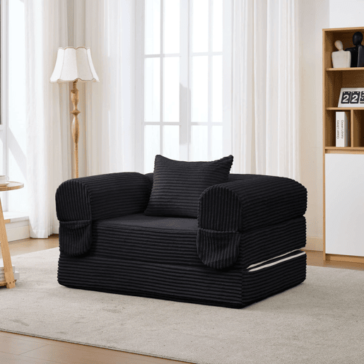 Poltrona-cama individual dobrável u2013 Estofada em veludo cotelê, transformável e multifuncional para espaços pequenos u2013 Preto Poltrona-cama individual dobrável u2013 Estofada em veludo cotelê, transformável e multifuncional para espaços pequenos u2013 Preto