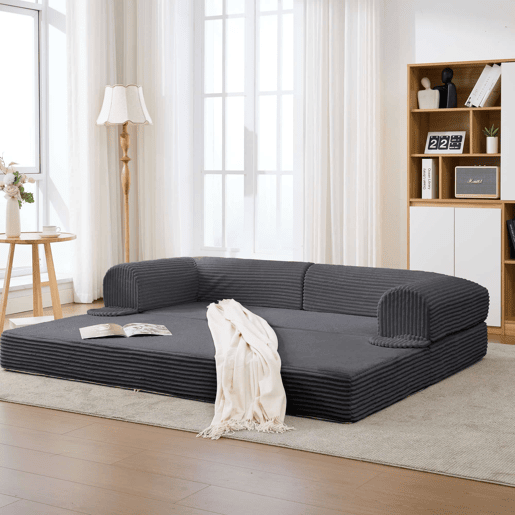 Sofá modular de 3 lugares - 1 lugar + 2 lugares, veludo canelado, sem estrutura, estofamento espesso - Cinzento