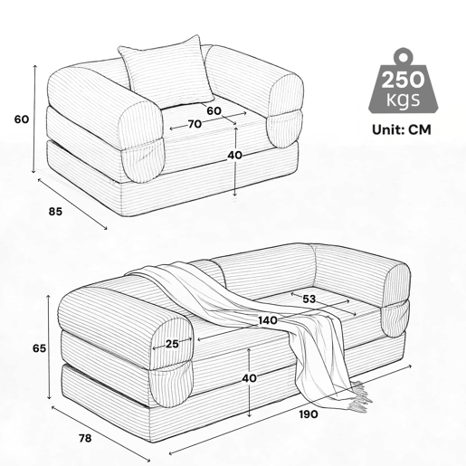 Sofá modular de 3 lugares - 1 lugar + 2 lugares, veludo canelado, sem estrutura, estofamento espesso - Cinzento
