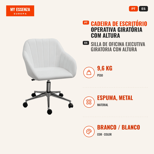 Cadeira de Escritório Operativa Giratória com Altura Ajustável Encosto e Apoio para os Braços de Pele Sintética Carga 120kg 60x59x79-89cm Branco