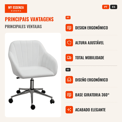 Cadeira de Escritório Operativa Giratória com Altura Ajustável Encosto e Apoio para os Braços de Pele Sintética Carga 120kg 60x59x79-89cm Branco