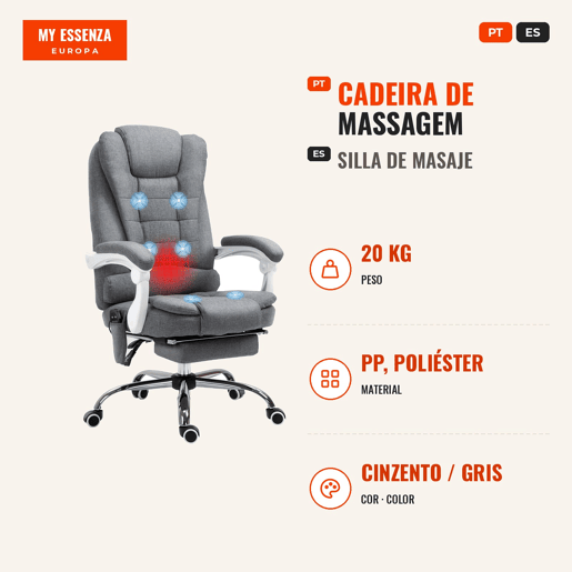 Cadeira de Massagem com 6 Pontos de Massagem Cadeira de Escritório Reclinável com Altura Ajustável Função de Aquecimento Apoio para os Pés e Controlo Remoto 65x70x111-119 cm Cinza Cadeira de Massagem com 6 Pontos de Massagem Cadeira de Escritório Reclinável com Altura Ajustável Função de Aquecimento Apoio para os Pés e Controlo Remoto 65x70x111-119 cm Cinza