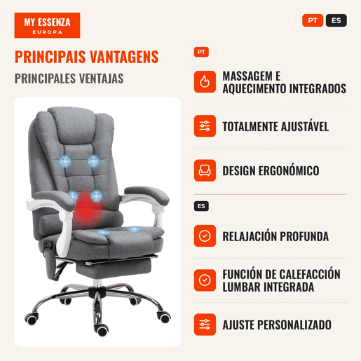 Cadeira de Massagem com 6 Pontos de Massagem Cadeira de Escritório Reclinável com Altura Ajustável Função de Aquecimento Apoio para os Pés e Controlo Remoto 65x70x111-119 cm Cinza Cadeira de Massagem com 6 Pontos de Massagem Cadeira de Escritório Reclinável com Altura Ajustável Função de Aquecimento Apoio para os Pés e Controlo Remoto 65x70x111-119 cm Cinza