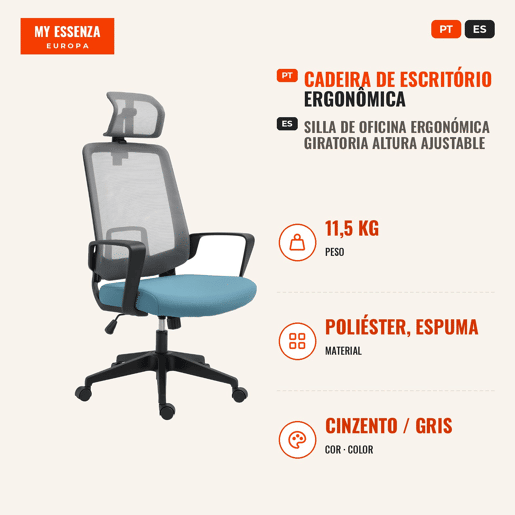 Cadeira de Escritório Ergonômica Cadeira de Escritório Giratória com Altura Ajustável Apoio para a Cabeça Apoio para os Braços e Suporte Lombar Reguláveis 63,5x63x116,5-125,5cm Azul e Cinza Cadeira de Escritório Ergonômica Cadeira de Escritório Giratória com Altura Ajustável Apoio para a Cabeça Apoio para os Braços e Suporte Lombar Reguláveis 63,5x63x116,5-125,5cm Azul e Cinza