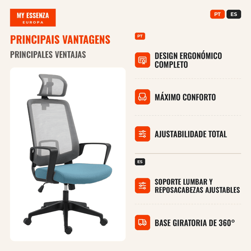 Cadeira de Escritório Ergonômica Cadeira de Escritório Giratória com Altura Ajustável Apoio para a Cabeça Apoio para os Braços e Suporte Lombar Reguláveis 63,5x63x116,5-125,5cm Azul e Cinza Cadeira de Escritório Ergonômica Cadeira de Escritório Giratória com Altura Ajustável Apoio para a Cabeça Apoio para os Braços e Suporte Lombar Reguláveis 63,5x63x116,5-125,5cm Azul e Cinza