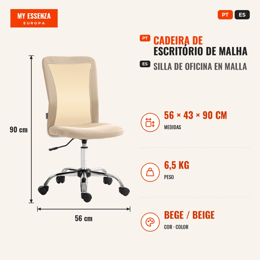Cadeira de Escritório de Malha Cadeira de Escritório Giratória sem Apoio para os Braços com Altura Ajustável Carga Máxima 100 kg para Escritório Dormitório 43x56x90-100 cm Bege Cadeira de Escritório de Malha Cadeira de Escritório Giratória sem Apoio para os Braços com Altura Ajustável Carga Máxima 100 kg para Escritório Dormitório 43x56x90-100 cm Bege