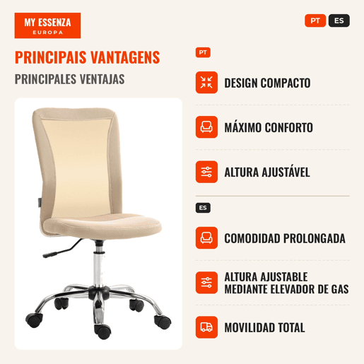 Cadeira de Escritório de Malha Cadeira de Escritório Giratória sem Apoio para os Braços com Altura Ajustável Carga Máxima 100 kg para Escritório Dormitório 43x56x90-100 cm Bege Cadeira de Escritório de Malha Cadeira de Escritório Giratória sem Apoio para os Braços com Altura Ajustável Carga Máxima 100 kg para Escritório Dormitório 43x56x90-100 cm Bege