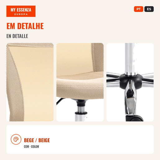 Cadeira de Escritório de Malha Cadeira de Escritório Giratória sem Apoio para os Braços com Altura Ajustável Carga Máxima 100 kg para Escritório Dormitório 43x56x90-100 cm Bege Cadeira de Escritório de Malha Cadeira de Escritório Giratória sem Apoio para os Braços com Altura Ajustável Carga Máxima 100 kg para Escritório Dormitório 43x56x90-100 cm Bege