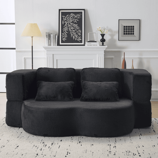 Sofá-cama de 2 lugares - moderno, com 4 almofadas, colchão dobrável de espuma de alta densidade - preto