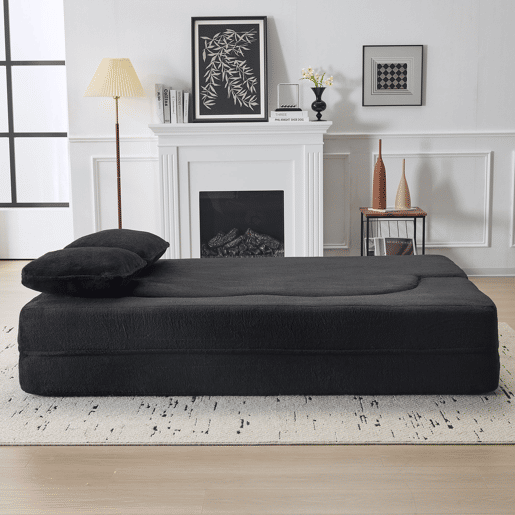 Sofá-cama de 2 lugares - moderno, com 4 almofadas, colchão dobrável de espuma de alta densidade - preto