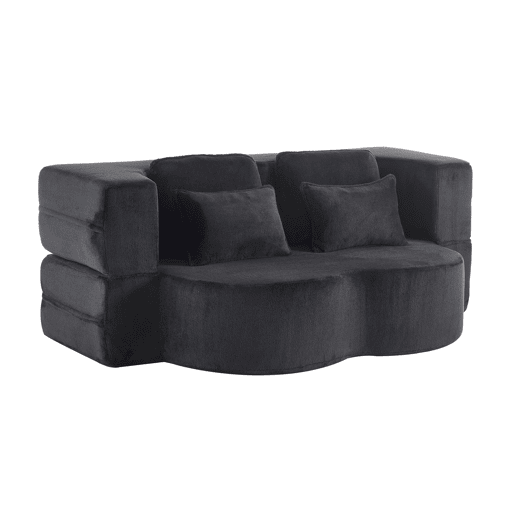 Sofá-cama de 2 lugares - moderno, com 4 almofadas, colchão dobrável de espuma de alta densidade - preto