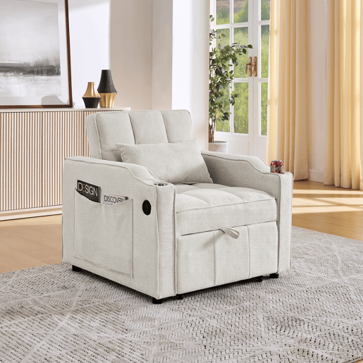 Poltrona-cama de 1 lugar - Função de cama, USBType-C, porta-copos em aço inoxidável, encosto ajustável em 3 níveis, bolsos laterais - Bege Poltrona-cama de 1 lugar - Função de cama, USBType-C, porta-copos em aço inoxidável, encosto ajustável em 3 níveis, bolsos laterais - Bege