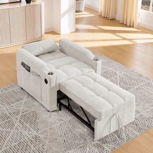 Poltrona-cama de 1 lugar - Função de cama, USBType-C, porta-copos em aço inoxidável, encosto ajustável em 3 níveis, bolsos laterais - Bege Poltrona-cama de 1 lugar - Função de cama, USBType-C, porta-copos em aço inoxidável, encosto ajustável em 3 níveis, bolsos laterais - Bege