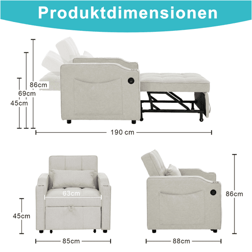 Poltrona-cama de 1 lugar - Função de cama, USBType-C, porta-copos em aço inoxidável, encosto ajustável em 3 níveis, bolsos laterais - Bege Poltrona-cama de 1 lugar - Função de cama, USBType-C, porta-copos em aço inoxidável, encosto ajustável em 3 níveis, bolsos laterais - Bege
