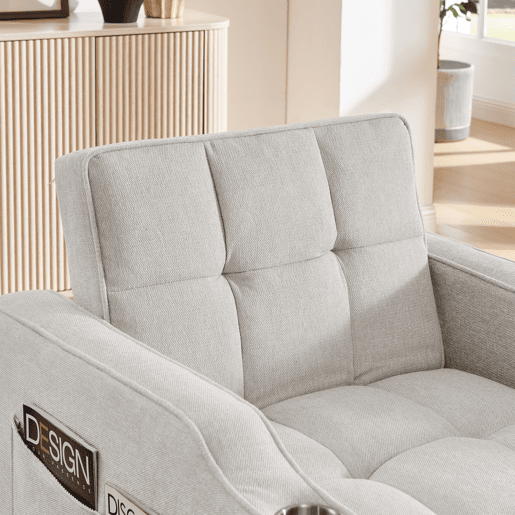 Poltrona-cama de 1 lugar - Função de cama, USBType-C, porta-copos em aço inoxidável, encosto ajustável em 3 níveis, bolsos laterais - Bege Poltrona-cama de 1 lugar - Função de cama, USBType-C, porta-copos em aço inoxidável, encosto ajustável em 3 níveis, bolsos laterais - Bege