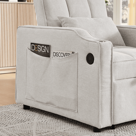 Poltrona-cama de 1 lugar - Função de cama, USBType-C, porta-copos em aço inoxidável, encosto ajustável em 3 níveis, bolsos laterais - Bege Poltrona-cama de 1 lugar - Função de cama, USBType-C, porta-copos em aço inoxidável, encosto ajustável em 3 níveis, bolsos laterais - Bege