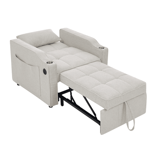 Poltrona-cama de 1 lugar - Função de cama, USBType-C, porta-copos em aço inoxidável, encosto ajustável em 3 níveis, bolsos laterais - Bege Poltrona-cama de 1 lugar - Função de cama, USBType-C, porta-copos em aço inoxidável, encosto ajustável em 3 níveis, bolsos laterais - Bege