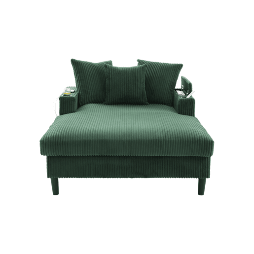 Sofá Lounge de 1 lugar - Multifuncional com chaise longue, porta-copos, iluminação LED, espaço de arrumação e porta USB - Verde-esmeralda Sofá Lounge de 1 lugar - Multifuncional com chaise longue, porta-copos, iluminação LED, espaço de arrumação e porta USB - Verde-esmeralda