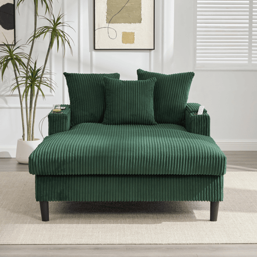Sofá Lounge de 1 lugar - Multifuncional com chaise longue, porta-copos, iluminação LED, espaço de arrumação e porta USB - Verde-esmeralda Sofá Lounge de 1 lugar - Multifuncional com chaise longue, porta-copos, iluminação LED, espaço de arrumação e porta USB - Verde-esmeralda