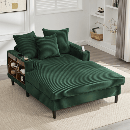 Sofá Lounge de 1 lugar - Multifuncional com chaise longue, porta-copos, iluminação LED, espaço de arrumação e porta USB - Verde-esmeralda Sofá Lounge de 1 lugar - Multifuncional com chaise longue, porta-copos, iluminação LED, espaço de arrumação e porta USB - Verde-esmeralda