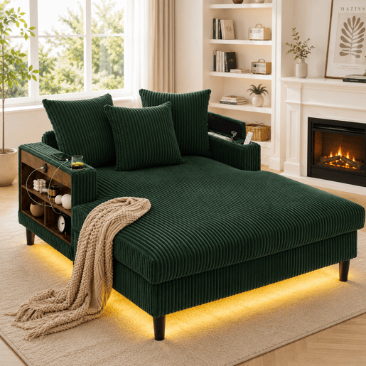 Sofá Lounge de 1 lugar - Multifuncional com chaise longue, porta-copos, iluminação LED, espaço de arrumação e porta USB - Verde-esmeralda Sofá Lounge de 1 lugar - Multifuncional com chaise longue, porta-copos, iluminação LED, espaço de arrumação e porta USB - Verde-esmeralda