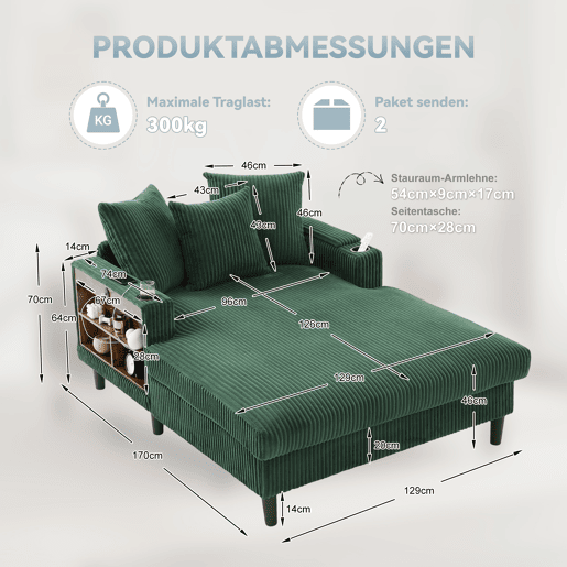 Sofá Lounge de 1 lugar - Multifuncional com chaise longue, porta-copos, iluminação LED, espaço de arrumação e porta USB - Verde-esmeralda Sofá Lounge de 1 lugar - Multifuncional com chaise longue, porta-copos, iluminação LED, espaço de arrumação e porta USB - Verde-esmeralda