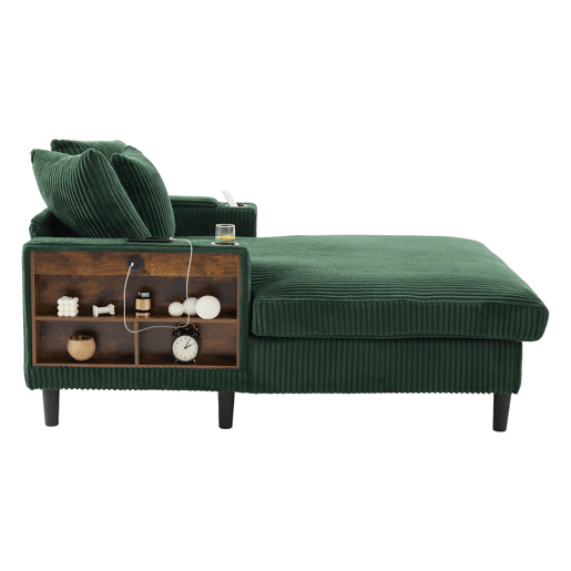 Sofá Lounge de 1 lugar - Multifuncional com chaise longue, porta-copos, iluminação LED, espaço de arrumação e porta USB - Verde-esmeralda Sofá Lounge de 1 lugar - Multifuncional com chaise longue, porta-copos, iluminação LED, espaço de arrumação e porta USB - Verde-esmeralda