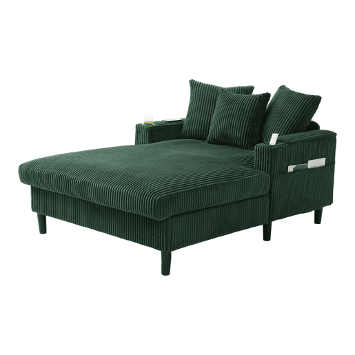 Sofá Lounge de 1 lugar - Multifuncional com chaise longue, porta-copos, iluminação LED, espaço de arrumação e porta USB - Verde-esmeralda Sofá Lounge de 1 lugar - Multifuncional com chaise longue, porta-copos, iluminação LED, espaço de arrumação e porta USB - Verde-esmeralda