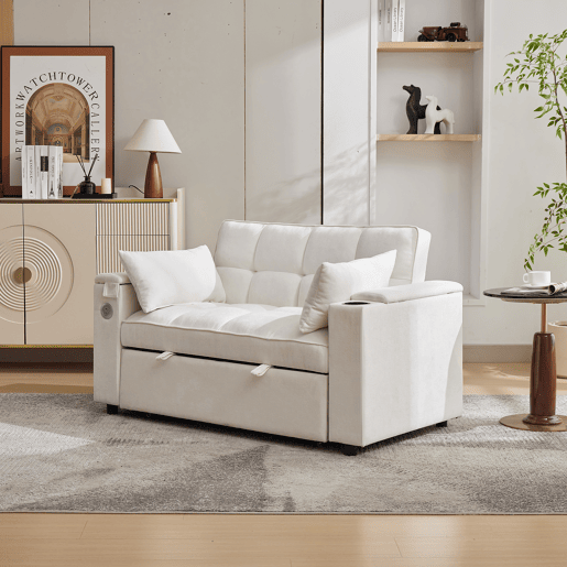 Sofá-cama 140,5 x 74 x 82 cm - 3 em 1, com encosto ajustável, USB, mesa oculta, porta-copos - Bege Sofá-cama 140,5 x 74 x 82 cm - 3 em 1, com encosto ajustável, USB, mesa oculta, porta-copos - Bege