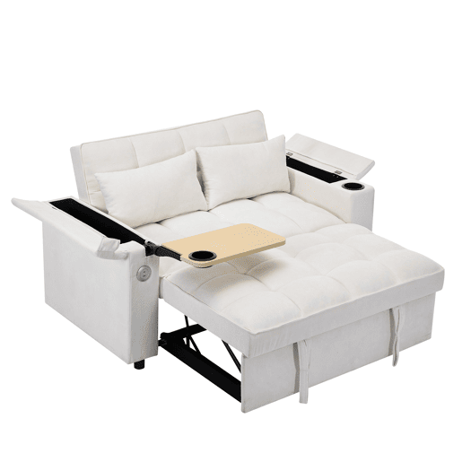 Sofá-cama 140,5 x 74 x 82 cm - 3 em 1, com encosto ajustável, USB, mesa oculta, porta-copos - Bege Sofá-cama 140,5 x 74 x 82 cm - 3 em 1, com encosto ajustável, USB, mesa oculta, porta-copos - Bege