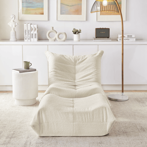 Pufe com encosto e apoio para os pés - Pufe de pelúcia, confortável para sala de estar e quarto - Bege Pufe com encosto e apoio para os pés - Pufe de pelúcia, confortável para sala de estar e quarto - Bege