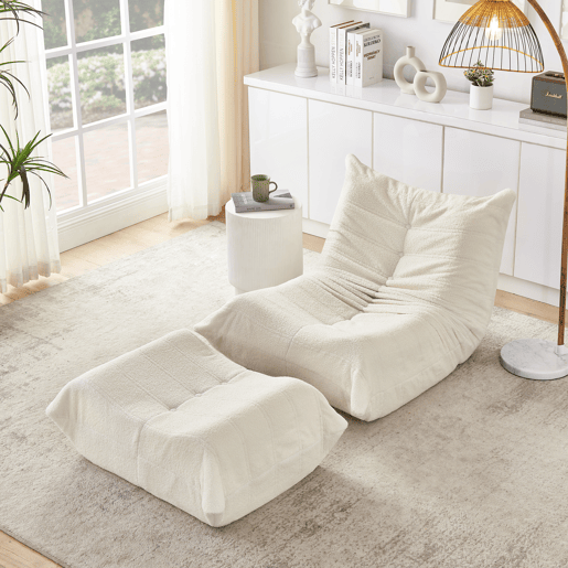 Pufe com encosto e apoio para os pés - Pufe de pelúcia, confortável para sala de estar e quarto - Bege Pufe com encosto e apoio para os pés - Pufe de pelúcia, confortável para sala de estar e quarto - Bege