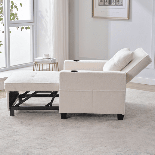 Sofá-cama de 1 lugar - 3 em 1, com porta-copos e porta USB, sofá reclinável e poltrona - Branco Sofá-cama de 1 lugar - 3 em 1, com porta-copos e porta USB, sofá reclinável e poltrona - Branco