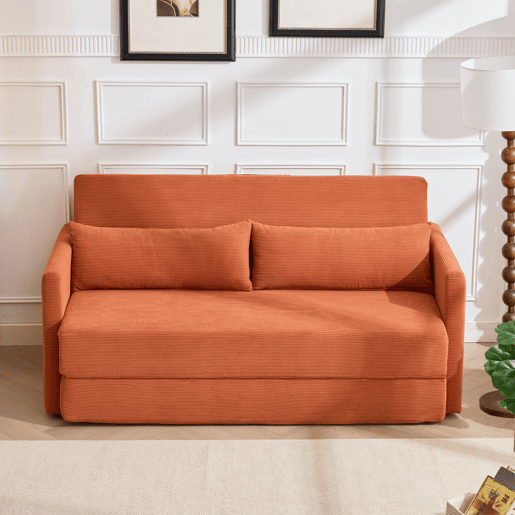Sofá-cama de 2 lugares 165 x 92 x 82 cm - sofá dobrável 2 em 1, tecido de veludo cotelê, com 2 almofadas lombares e 2 bolsos laterais - laranja Sofá-cama de 2 lugares 165 x 92 x 82 cm - sofá dobrável 2 em 1, tecido de veludo cotelê, com 2 almofadas lombares e 2 bolsos laterais - laranja