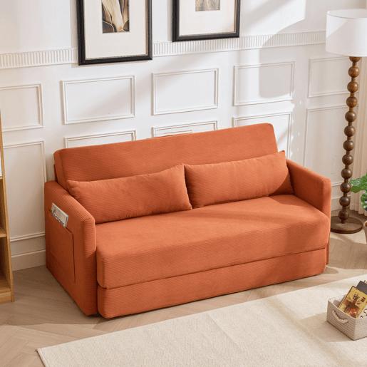 Sofá-cama de 2 lugares 165 x 92 x 82 cm - sofá dobrável 2 em 1, tecido de veludo cotelê, com 2 almofadas lombares e 2 bolsos laterais - laranja Sofá-cama de 2 lugares 165 x 92 x 82 cm - sofá dobrável 2 em 1, tecido de veludo cotelê, com 2 almofadas lombares e 2 bolsos laterais - laranja