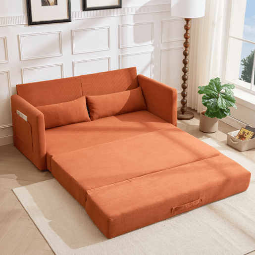 Sofá-cama de 2 lugares 165 x 92 x 82 cm - sofá dobrável 2 em 1, tecido de veludo cotelê, com 2 almofadas lombares e 2 bolsos laterais - laranja Sofá-cama de 2 lugares 165 x 92 x 82 cm - sofá dobrável 2 em 1, tecido de veludo cotelê, com 2 almofadas lombares e 2 bolsos laterais - laranja