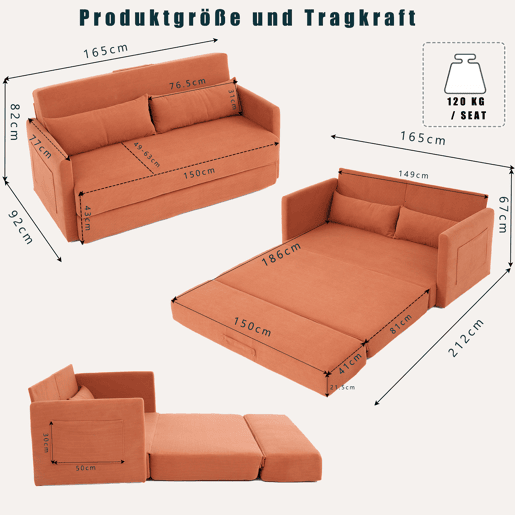 Sofá-cama de 2 lugares 165 x 92 x 82 cm - sofá dobrável 2 em 1, tecido de veludo cotelê, com 2 almofadas lombares e 2 bolsos laterais - laranja Sofá-cama de 2 lugares 165 x 92 x 82 cm - sofá dobrável 2 em 1, tecido de veludo cotelê, com 2 almofadas lombares e 2 bolsos laterais - laranja