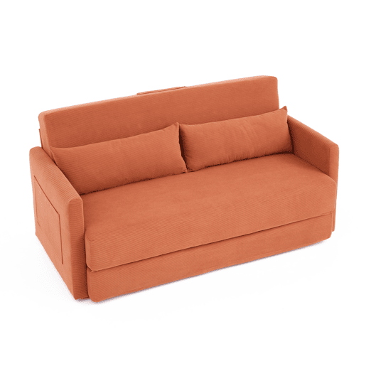 Sofá-cama de 2 lugares 165 x 92 x 82 cm - sofá dobrável 2 em 1, tecido de veludo cotelê, com 2 almofadas lombares e 2 bolsos laterais - laranja Sofá-cama de 2 lugares 165 x 92 x 82 cm - sofá dobrável 2 em 1, tecido de veludo cotelê, com 2 almofadas lombares e 2 bolsos laterais - laranja