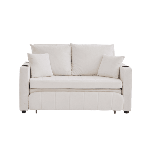 Sofá-cama multifuncional de tecido para 2 pessoas - extensível e dobrável, com bolsos nos braços, porta-carregador USB e porta-copos - chenille bege Sofá-cama multifuncional de tecido para 2 pessoas - extensível e dobrável, com bolsos nos braços, porta-carregador USB e porta-copos - chenille bege