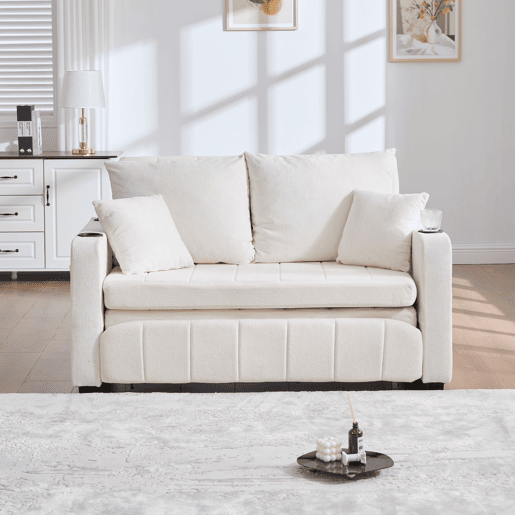 Sofá-cama multifuncional de tecido para 2 pessoas - extensível e dobrável, com bolsos nos braços, porta-carregador USB e porta-copos - chenille bege Sofá-cama multifuncional de tecido para 2 pessoas - extensível e dobrável, com bolsos nos braços, porta-carregador USB e porta-copos - chenille bege