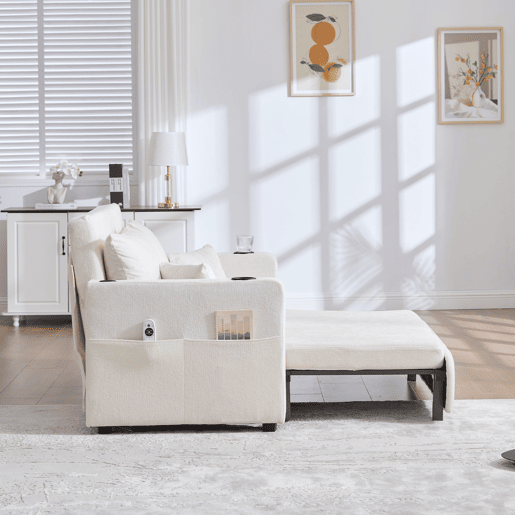 Sofá-cama multifuncional de tecido para 2 pessoas - extensível e dobrável, com bolsos nos braços, porta-carregador USB e porta-copos - chenille bege Sofá-cama multifuncional de tecido para 2 pessoas - extensível e dobrável, com bolsos nos braços, porta-carregador USB e porta-copos - chenille bege