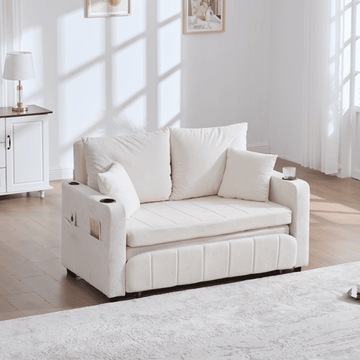 Sofá-cama multifuncional de tecido para 2 pessoas - extensível e dobrável, com bolsos nos braços, porta-carregador USB e porta-copos - chenille bege Sofá-cama multifuncional de tecido para 2 pessoas - extensível e dobrável, com bolsos nos braços, porta-carregador USB e porta-copos - chenille bege