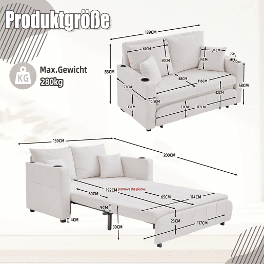 Sofá-cama multifuncional de tecido para 2 pessoas - extensível e dobrável, com bolsos nos braços, porta-carregador USB e porta-copos - chenille bege Sofá-cama multifuncional de tecido para 2 pessoas - extensível e dobrável, com bolsos nos braços, porta-carregador USB e porta-copos - chenille bege