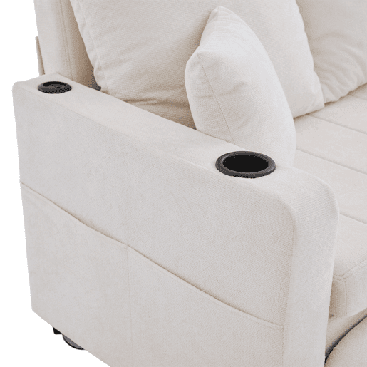 Sofá-cama multifuncional de tecido para 2 pessoas - extensível e dobrável, com bolsos nos braços, porta-carregador USB e porta-copos - chenille bege Sofá-cama multifuncional de tecido para 2 pessoas - extensível e dobrável, com bolsos nos braços, porta-carregador USB e porta-copos - chenille bege