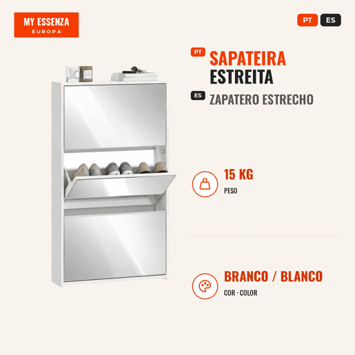 Sapateira Estreita 3 Portas com Espelho Sapateira para Entrada Corredor Para 9 Pares de Sapatos Para Corredor Espaços Reduzidos 65x17x114,5 cm Branco Sapateira Estreita 3 Portas com Espelho Sapateira para Entrada Corredor Para 9 Pares de Sapatos Para Corredor Espaços Reduzidos 65x17x114,5 cm Branco