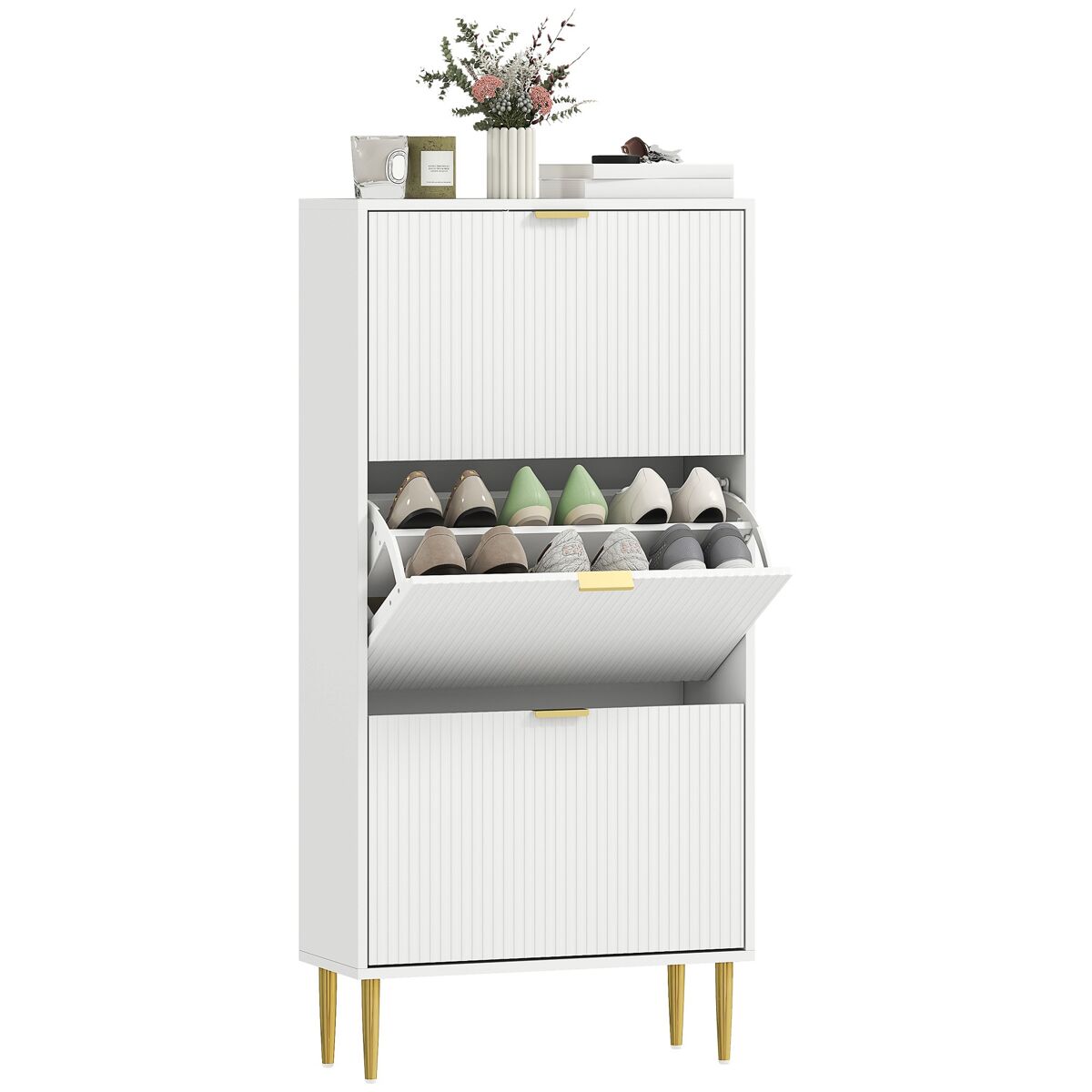 Zapatero estrecho con 3 puertas acanaladas para 18 pares 60x24x122,5 cm blanco