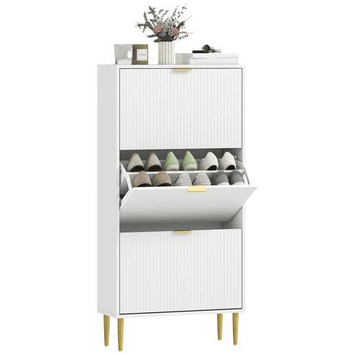 Sapateira Estreita com 3 Portas Caneladas Sapateira para Entrada com Prateleiras Ajustáveis para 18 Pares de Sapatos 60x24x122,5 cm Branco Sapateira Estreita com 3 Portas Caneladas Sapateira para Entrada com Prateleiras Ajustáveis para 18 Pares de Sapatos 60x24x122,5 cm Branco