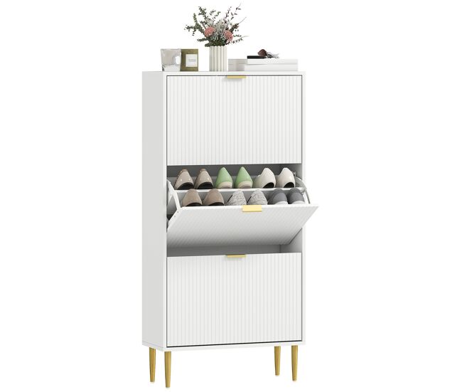 Zapatero estrecho con 3 puertas acanaladas para 18 pares 60x24x122,5 cm blanco