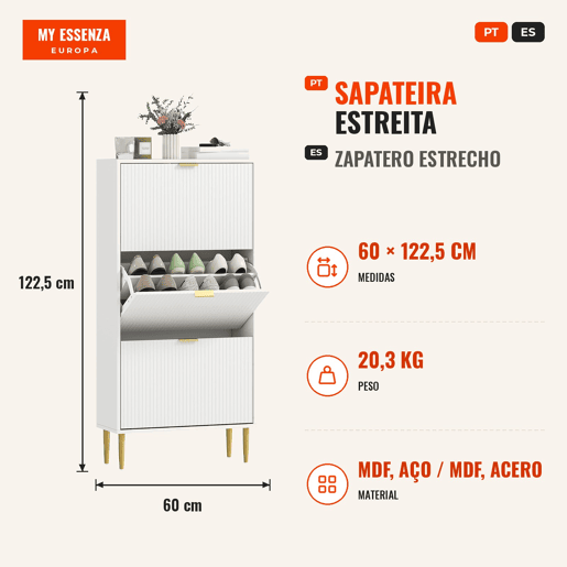 Sapateira Estreita com 3 Portas Caneladas Sapateira para Entrada com Prateleiras Ajustáveis para 18 Pares de Sapatos 60x24x122,5 cm Branco Sapateira Estreita com 3 Portas Caneladas Sapateira para Entrada com Prateleiras Ajustáveis para 18 Pares de Sapatos 60x24x122,5 cm Branco