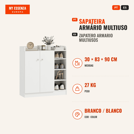 Sapateira Armário Multiuso com 2 Portas Prateleiras Interiores e 4 Prateleiras Exteriores com Altura Ajustável 83x30x90 cm Branco Sapateira Armário Multiuso com 2 Portas Prateleiras Interiores e 4 Prateleiras Exteriores com Altura Ajustável 83x30x90 cm Branco